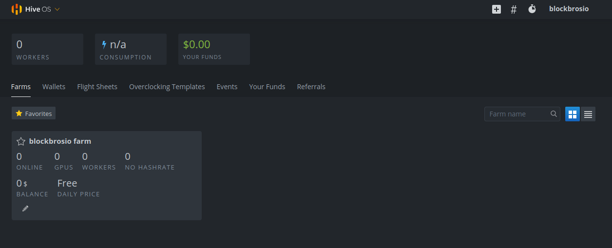 Hive OS dashboard with no workers connected on a fresh account