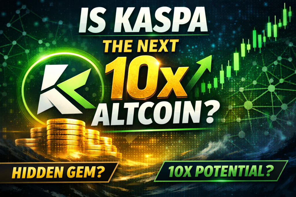 Kaspa KAS cryptocurrency featured image showing 10x altcoin potential with rising price chart, digital blockchain network, and gold coins